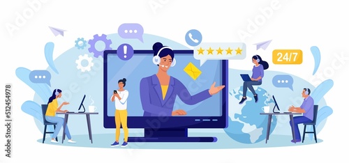 Customer support. Contact us. Woman with headphones and microphone talking with clients on screen. Personal assistant service, hotline operator advises customer, online global technical support
