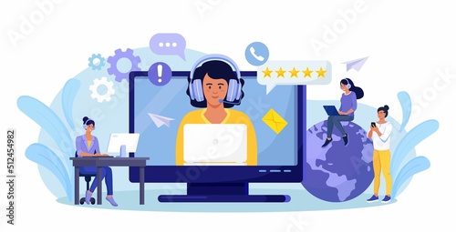 Customer support. Contact us. Woman with headphones and microphone talking with clients on computer screen. Personal assistant service, hotline operator advises customer, online technical support