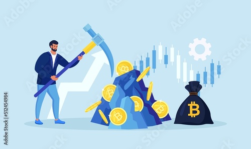 Man holding pickaxe to get crypto coins in rock, mountain. Mining crypto, Cryptocurrency mining farms. People trading and investing in cryptocurrencies. Digital web money. Blockchain