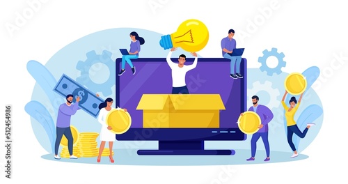 Crowdfunding. Startup investment. Online service project to support, donate or collective raise money for new ideas. Crowdsourcing project, alternative financing. People putting money in donation box