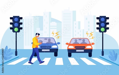 Crosswalk accident with pedestrian. Man with smartphone and headphones crossing road on red traffic lights. Road safety. Car vehicle accident danger, street traffic rules. Urban lifestyle