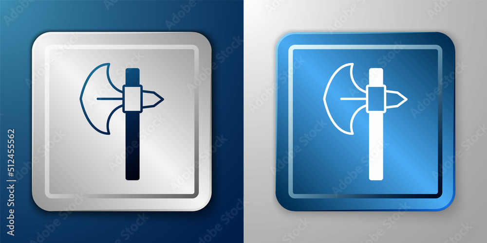 White Medieval axe icon isolated on blue and grey background. Battle axe, executioner axe. Medieval weapon. Silver and blue square button. Vector White Medieval axe icon isolated on blue and grey background. Battle axe, executioner axe. Medieval weapon. Silver and blue square button. Vector