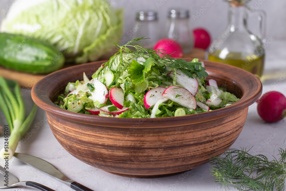 Salad with chinese cabbage, cucumbers, radishes and chives, dressed with olive oil, Close-up Salad with chinese cabbage, cucumbers, radishes and chives, dressed with olive oil, Close-up