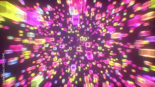 Digital abstract technology background. Motion inside futuristic glowing cubes grid seamless loop. Virtual reality, internet data exchange and cryptocurrency blockchain concept. 4k 60 fps 3D animation