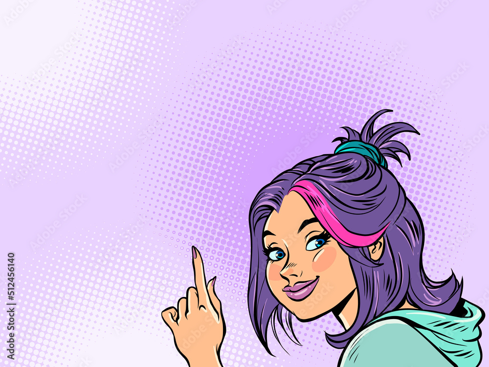 Young woman announces, index finger up. Advertising info announcement sign template Young woman announces, index finger up. Advertising info announcement sign template