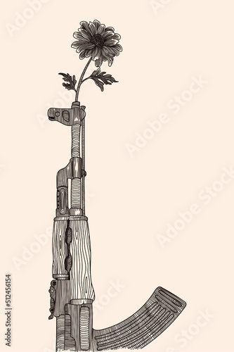 Kalashnikov automatic rifle with cartridge magazine and flower. No war. Hand drawn linear sketch.