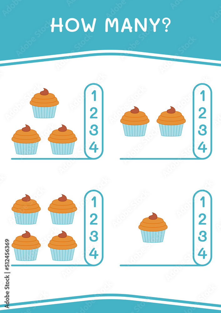 How many of Cupcake, game for children. Vector illustration, printable worksheet How many of Cupcake, game for children. Vector illustration, printable worksheet