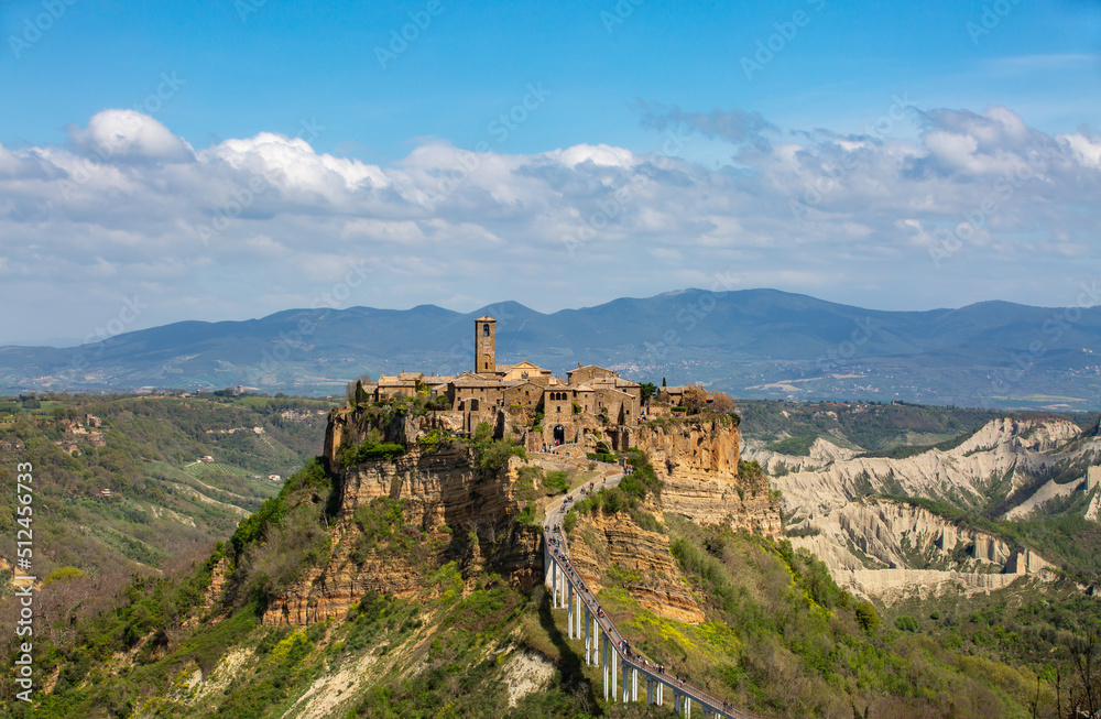 Panoramic aerial view of Civita di Bagnoregio with a view of the Calanchi Valley, Lazio, Bagnoregio, province of Viterbo.The most beautiful villages in Italy.The dying city