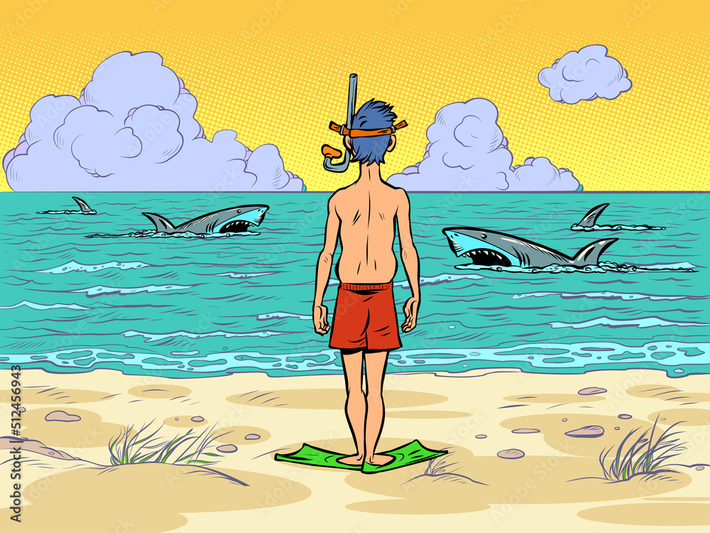 sharks in the water, a man in a scuba mask is preparing to dive, standing on the seashore of the ocean