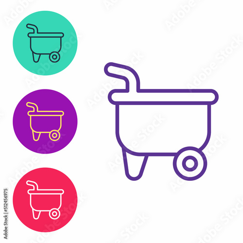 Set line Wheelbarrow icon isolated on white background. Tool equipment. Agriculture cart wheel farm. Set icons colorful. Vector