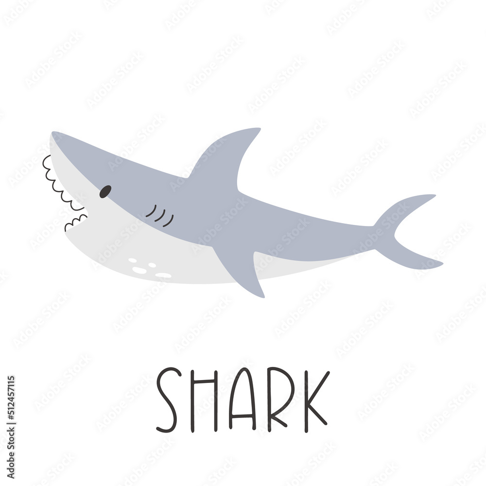 Cartoon gray playful shark in flat style. Vector illustration of a predatory sea animal