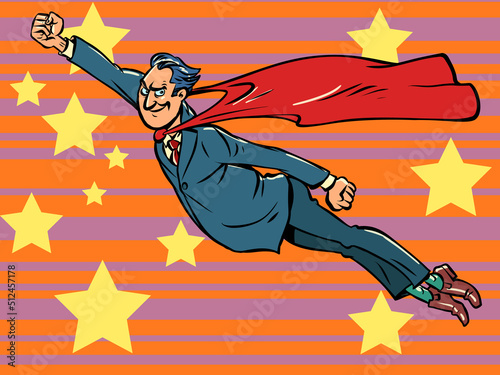 the businessman is a superhero man, a man in a suit with a red cape. A hero is flying to the rescue