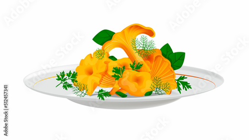 Vector illustration with a set of mushrooms chanterelles over a plate with basil leaves, dill, parsley, green onions. The concept of mushroom dishes, vegetarian food, etc.