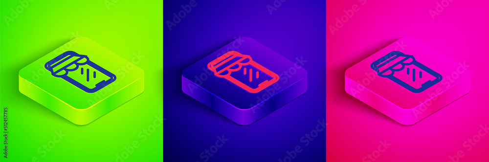 Isometric line Online shopping on mobile phone icon isolated on green, blue and pink background. Internet shop, mobile store app and payments billing. Square button. Vector Isometric line Online shopping on mobile phone icon isolated on green, blue and pink background. Internet shop, mobile store app and payments billing. Square button. Vector