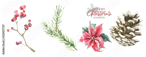 Watercolor Woodland tree illustration, pine tree, poinsettia, greenery botabical decoration for greeting card, poster, invitation, baby shower Merry Christmas,New Year, holiday greetings, diy