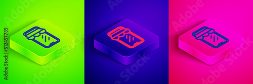 Isometric line Online shopping on mobile phone icon isolated on green, blue and pink background. Internet shop, mobile store app and payments billing. Square button. Vector