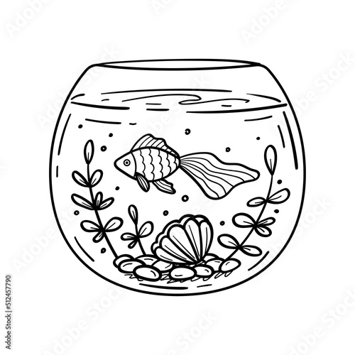 Cute little baby goldfish swimming underwater in aquarium with seaweeds and seashell. Outline vector illustration hand drawn in sketch style for kids coloring books or printing on any surface