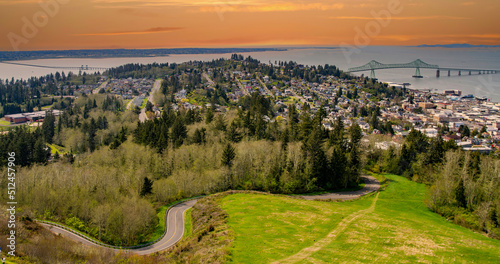 City of Astoria Oregon and the 4.2 mile long Astoria Megler bridge spanning the Columbia River. photo