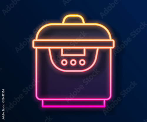Glowing neon line Slow cooker icon isolated on black background. Electric pan. Vector
