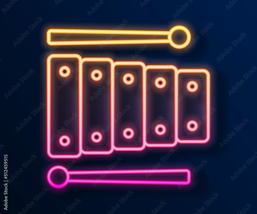 Glowing neon line Xylophone - musical instrument with thirteen wooden bars and two percussion mallets icon isolated on black background. Vector