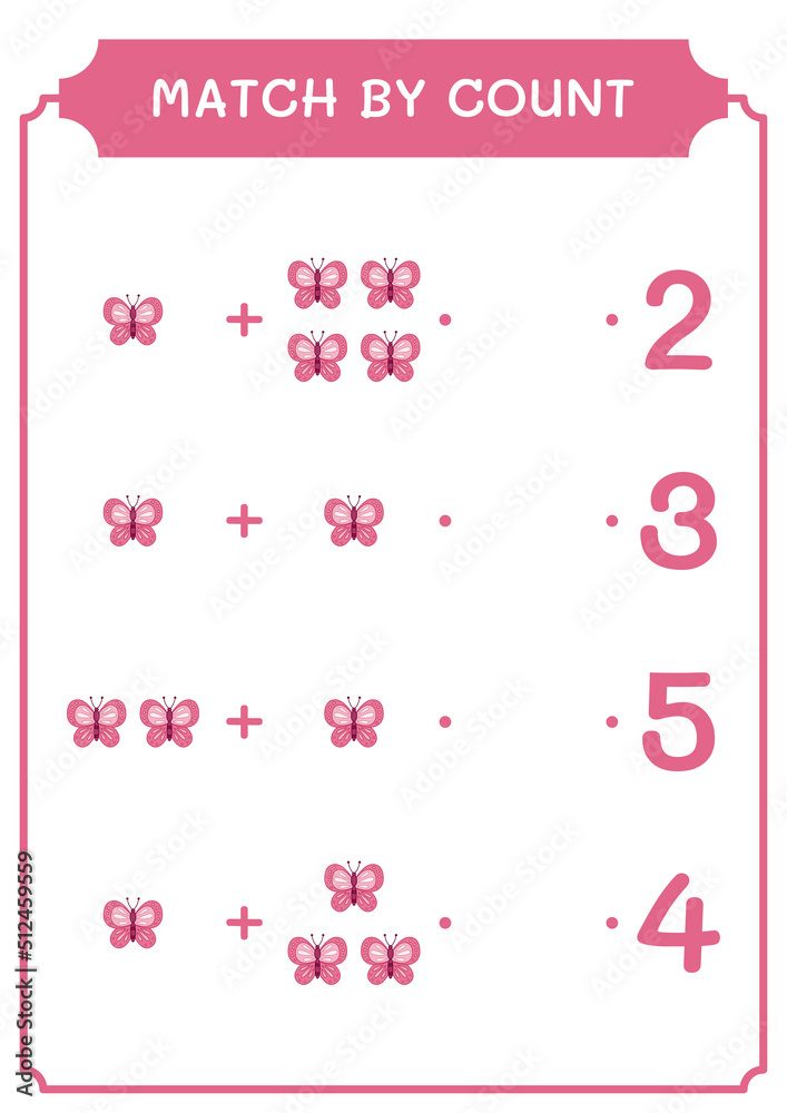 Match by count of Butterfly, game for children. Vector illustration, printable worksheet Match by count of Butterfly, game for children. Vector illustration, printable worksheet