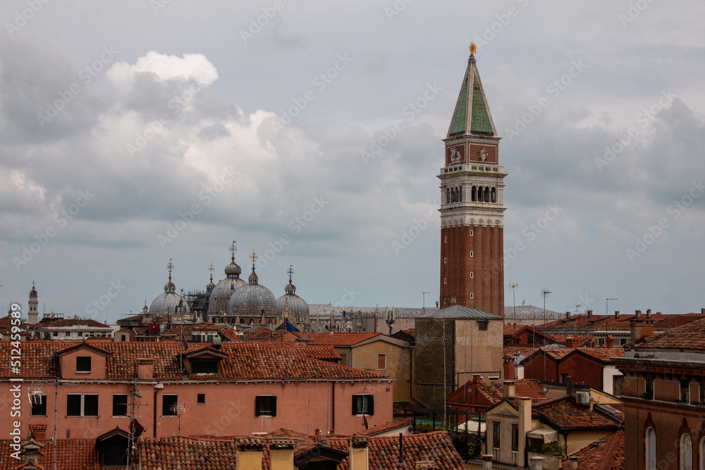 Campanile di San Marco and St. Marks Cathedral above the roofs of Venice, the view from Scala Contarini del Bovolo, Venive, Italy