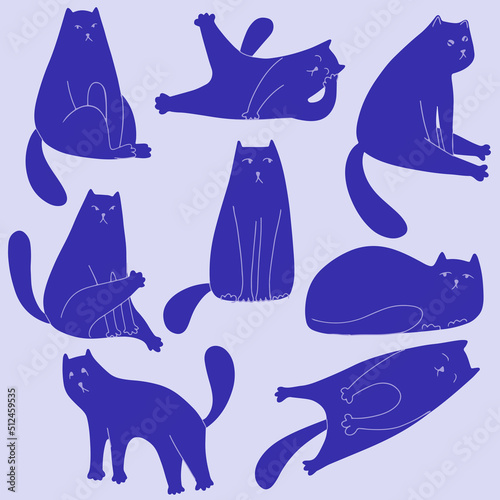 Cartoon cat with different poses and emotions drawn in doodle style. Cat behavior, body language and facial expressions.