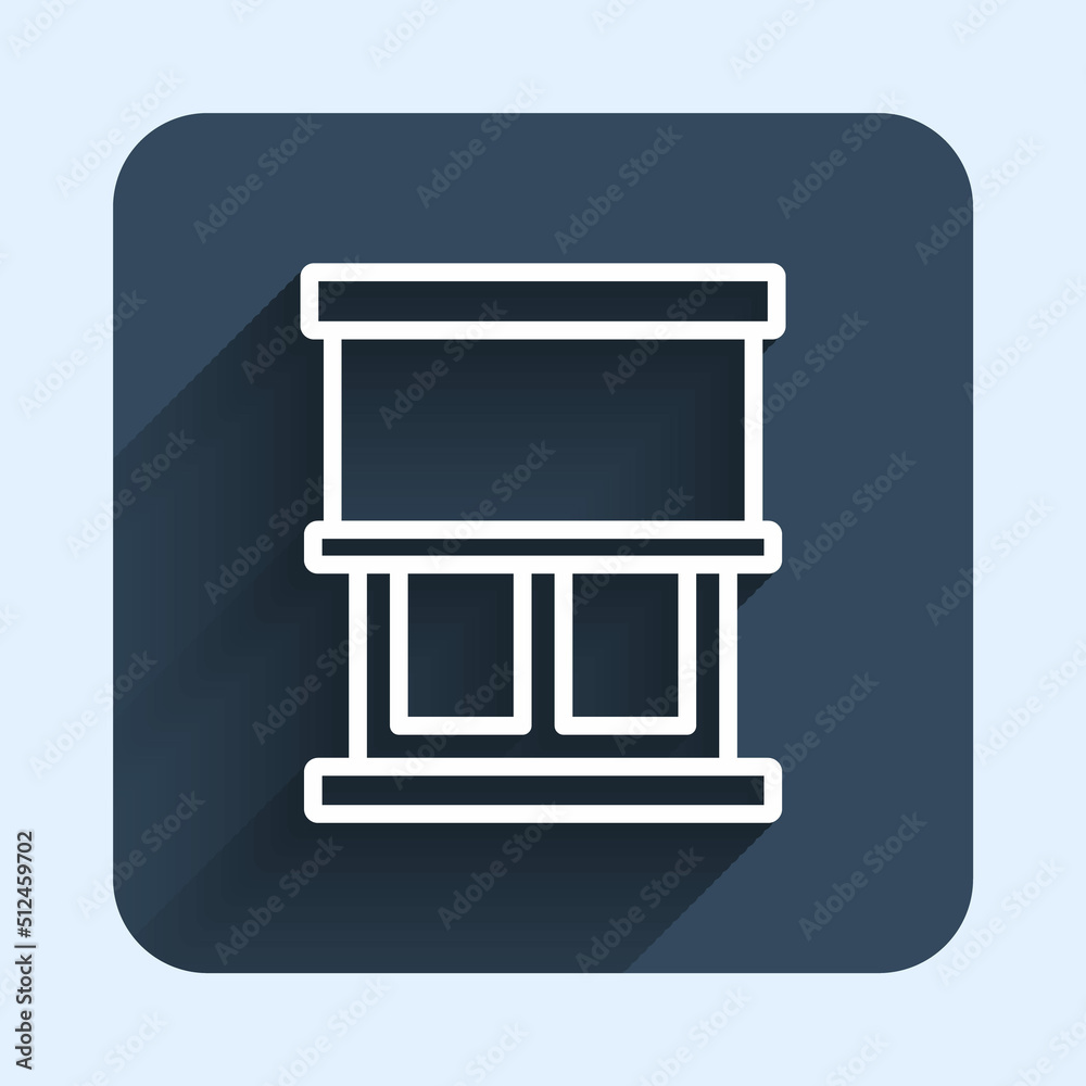White line Window with curtains in the room icon isolated with long shadow background. Blue square button. Vector White line Window with curtains in the room icon isolated with long shadow background. Blue square button. Vector