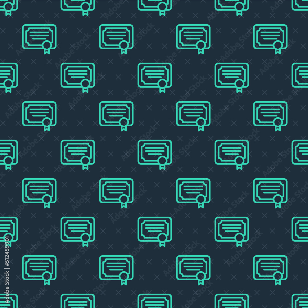 Green line Certificate template icon isolated seamless pattern on blue background. Achievement, award, degree, grant, diploma concepts. Vector