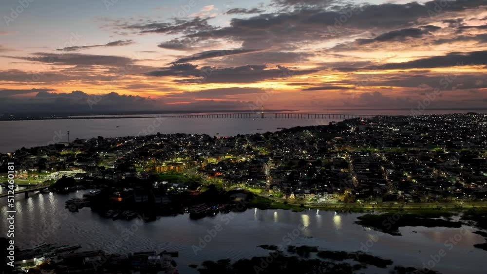 Manaus Brazil. Sunset aerial cityscape of downtown Manaus Amazonas Brazil. Tourism landmark of city. Travel destinations.  Night cityscape of downtown district. Manaus Amazonas Brazil.