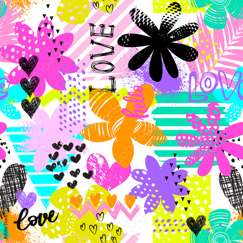 Abstract seamless pattern for girls. Creative vector background with urban elements, flowers in bright colors. Funny grunge wallpaper for textile and fabric. Fashion style.