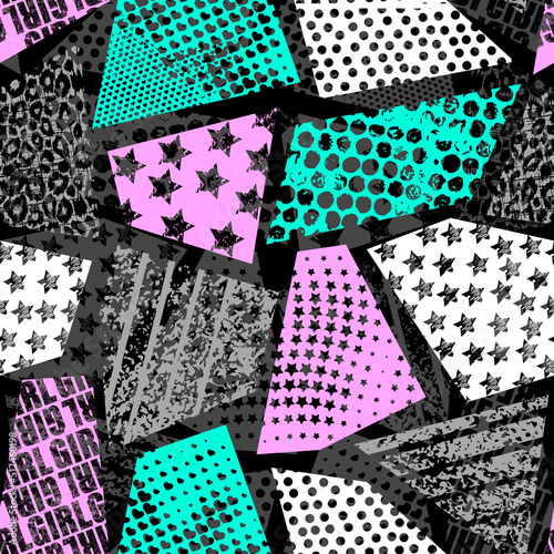 Abstract seamless chaotic pattern with urban geometric elements, scuffed, drops, hearts and sprays. Grunge neon texture background. Wallpaper for teen girls. Fashion sport style