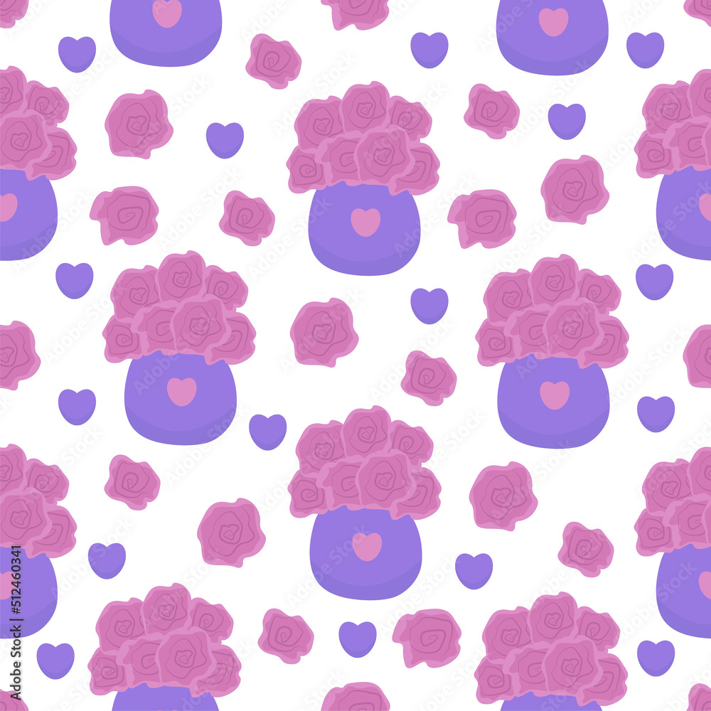 Pink roses in blue vases, seamless pattern