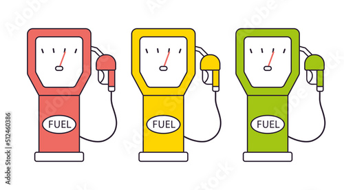 Red, yellow and green gas fuel pump isolated, gasoline petrol filling station vector icons.