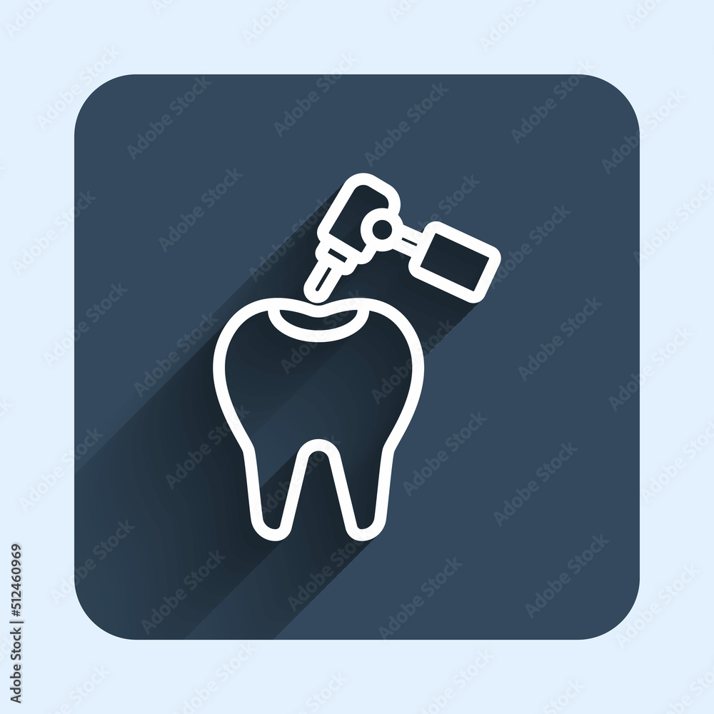 White line Tooth with caries and tooth drill icon isolated with long shadow background. Tooth decay. Blue square button. Vector White line Tooth with caries and tooth drill icon isolated with long shadow background. Tooth decay. Blue square button. Vector