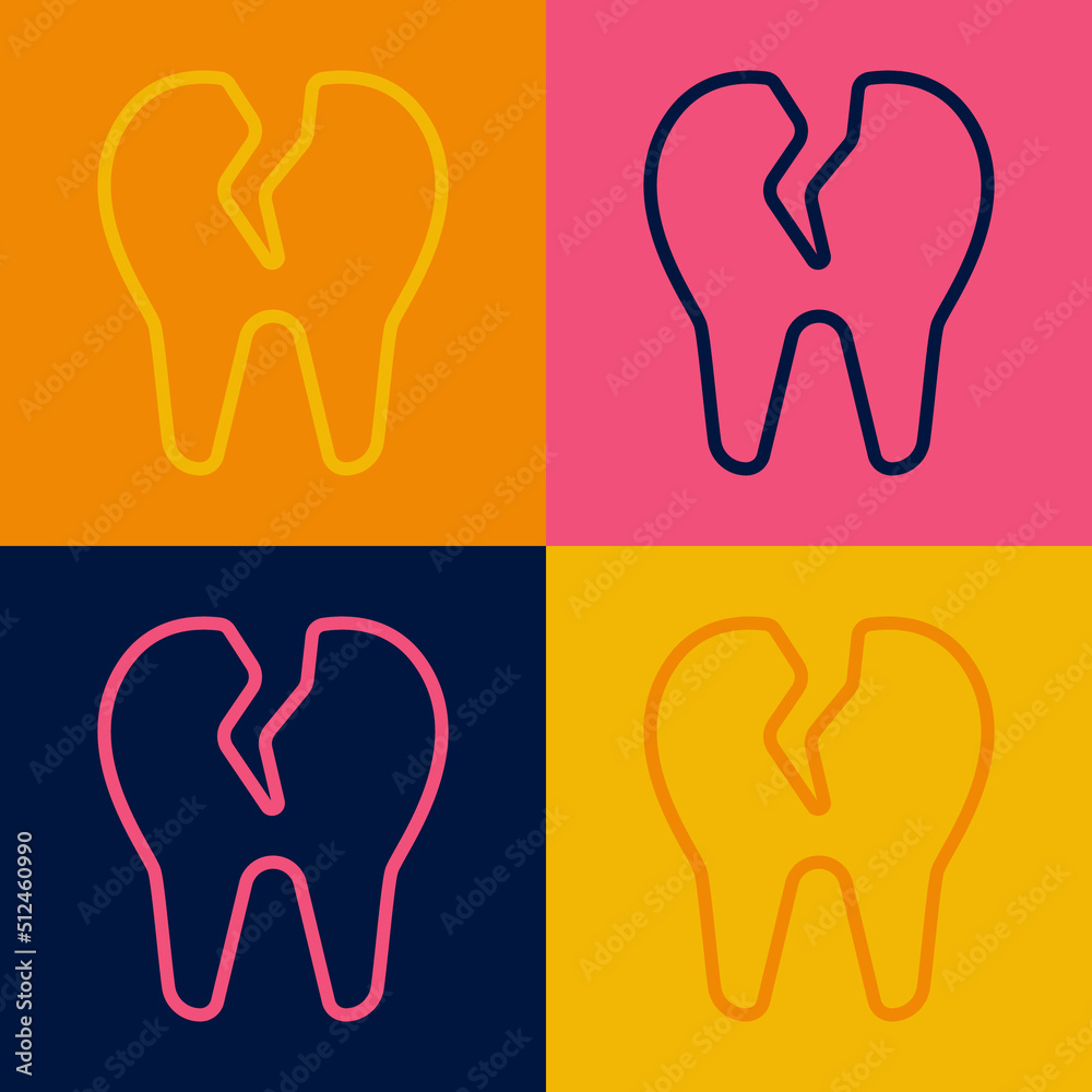 Pop art line Broken tooth icon isolated on color background. Dental problem icon. Dental care symbol. Vector Pop art line Broken tooth icon isolated on color background. Dental problem icon. Dental care symbol. Vector