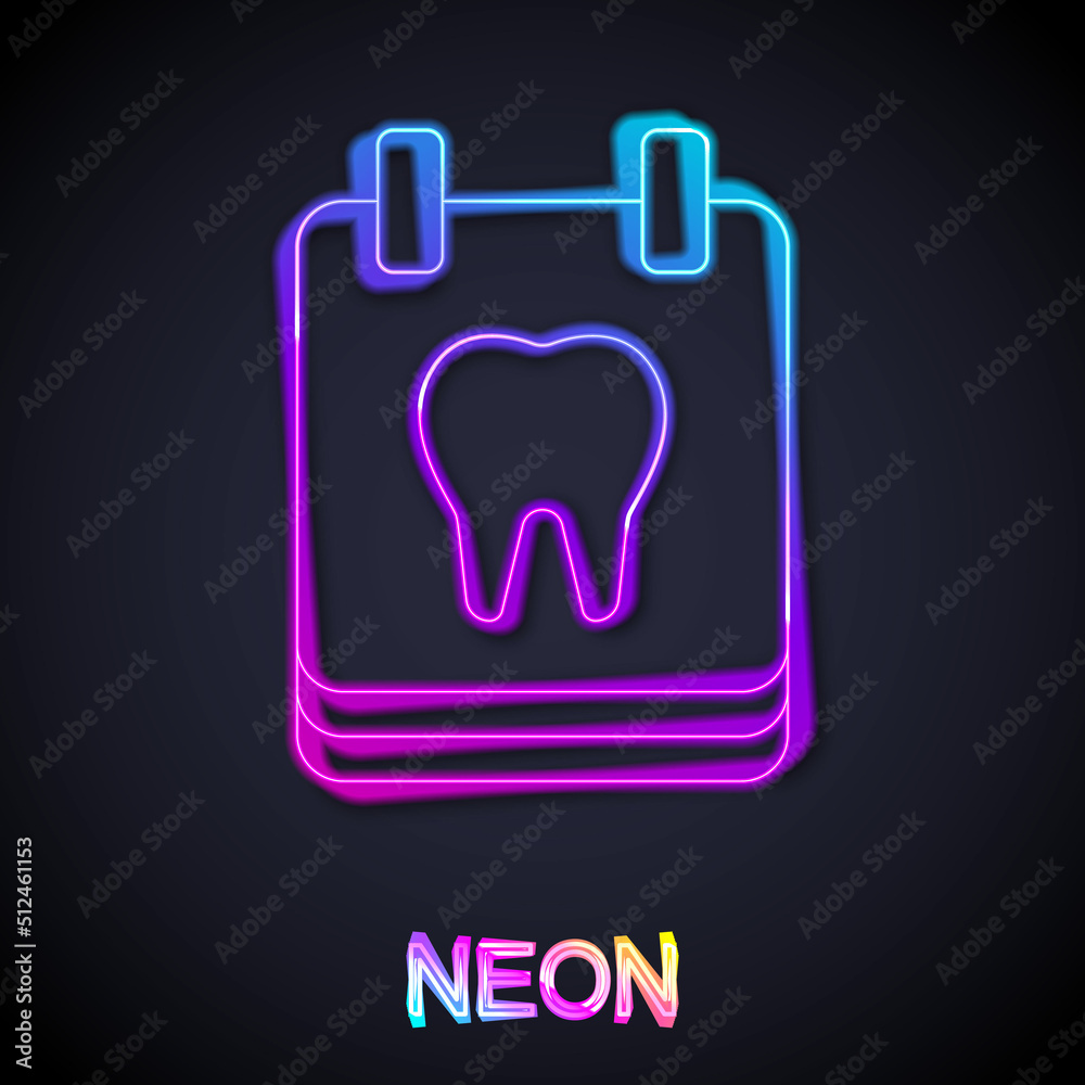 Glowing neon line Calendar with tooth icon isolated on black background. International Dentist Day, March 6. March holiday calendar. Vector Glowing neon line Calendar with tooth icon isolated on black background. International Dentist Day, March 6. March holiday calendar. Vector