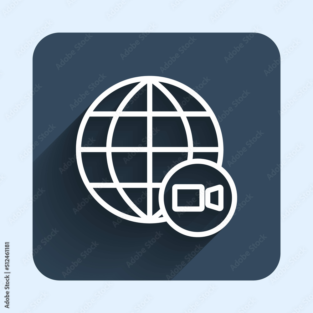 White line Video chat conference icon isolated with long shadow background. Online meeting work form home. Remote project management. Blue square button. Vector White line Video chat conference icon isolated with long shadow background. Online meeting work form home. Remote project management. Blue square button. Vector