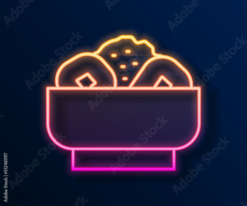 Glowing neon line Chow mein on plate icon isolated on black background. Asian food. Vector