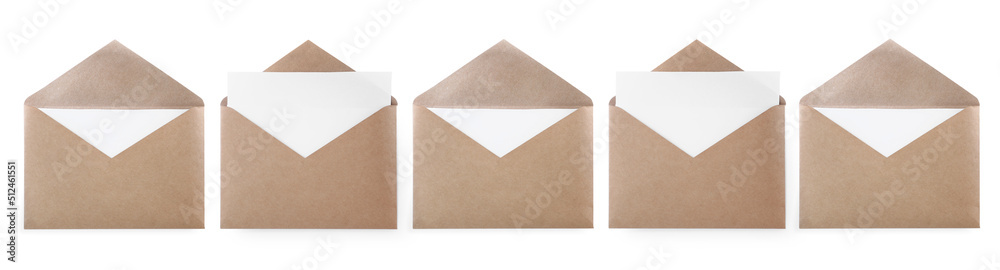 Set with kraft paper envelopes on white background. Banner design Set with kraft paper envelopes on white background. Banner design