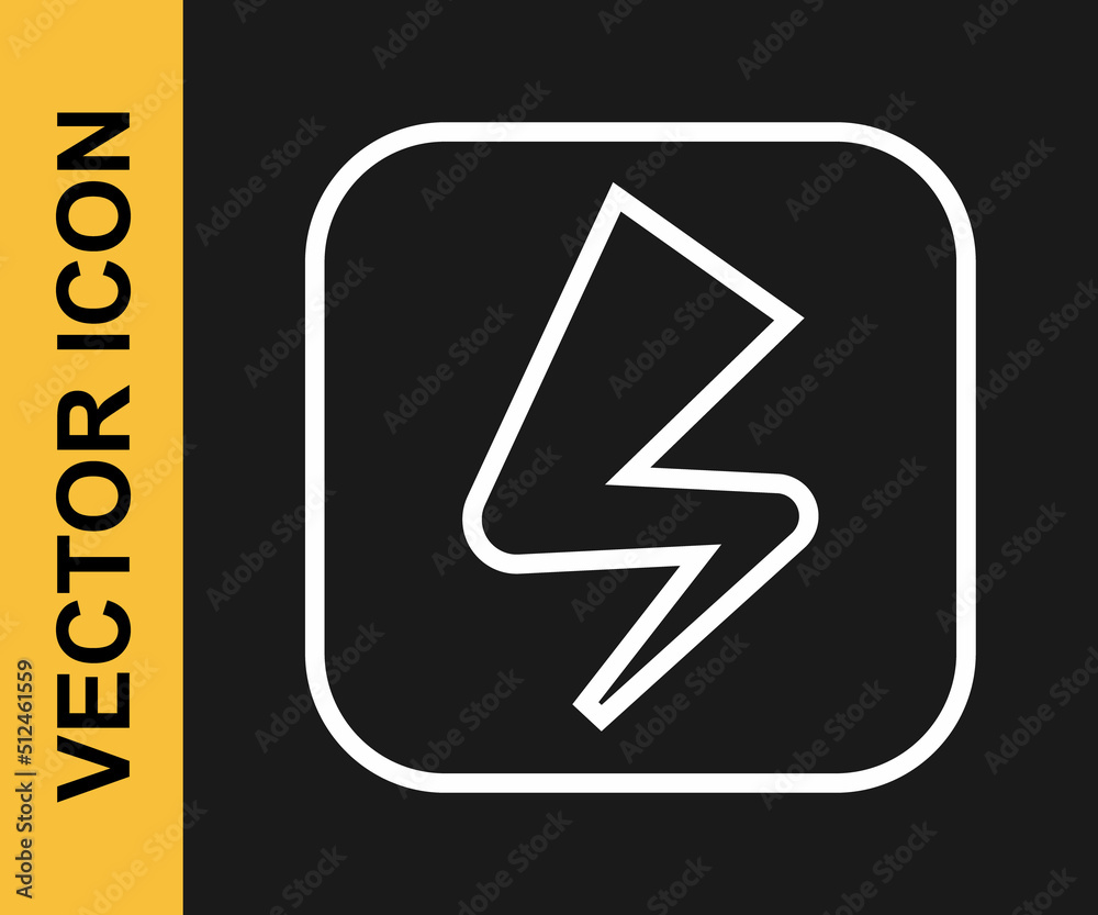 White line Lightning bolt icon isolated on black background. Flash sign. Charge flash icon. Thunder bolt. Lighting strike. Vector White line Lightning bolt icon isolated on black background. Flash sign. Charge flash icon. Thunder bolt. Lighting strike. Vector