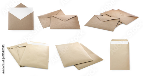 Set with blank kraft paper envelopes on white background