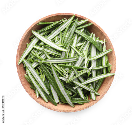 Wooden bowl of fresh green rosemary leaves on white background, top view