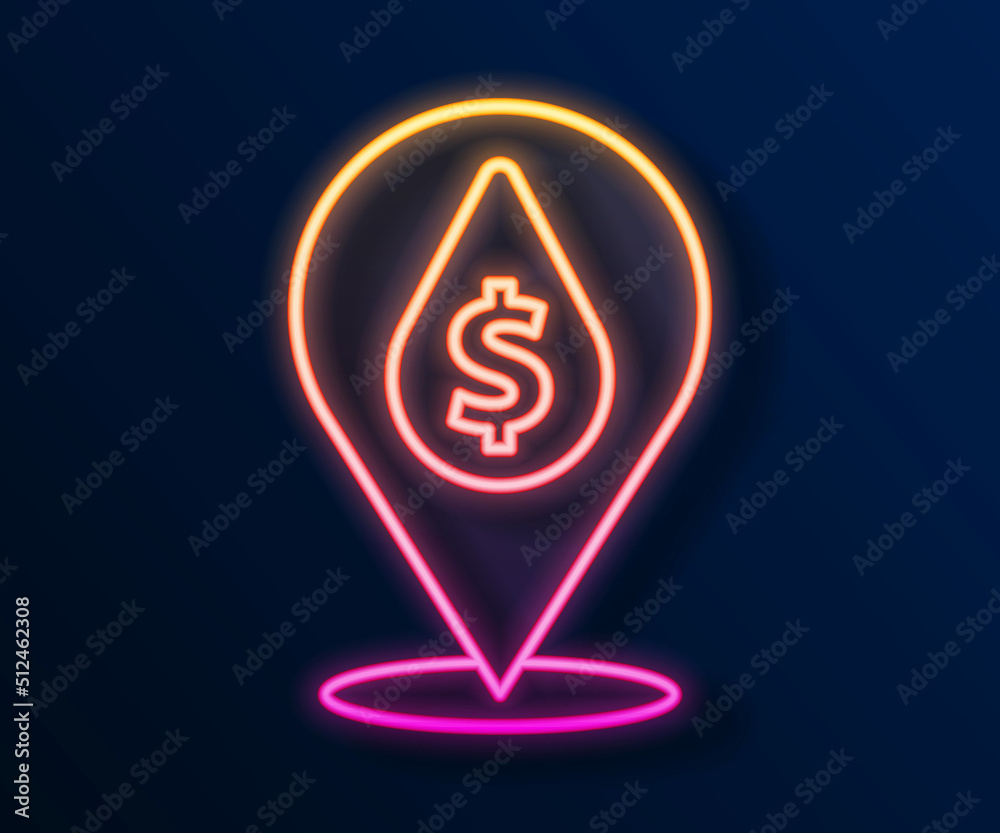 Glowing neon line Oil drop with dollar symbol icon isolated on black background. Oil price. Oil and petroleum industry. Vector Glowing neon line Oil drop with dollar symbol icon isolated on black background. Oil price. Oil and petroleum industry. Vector