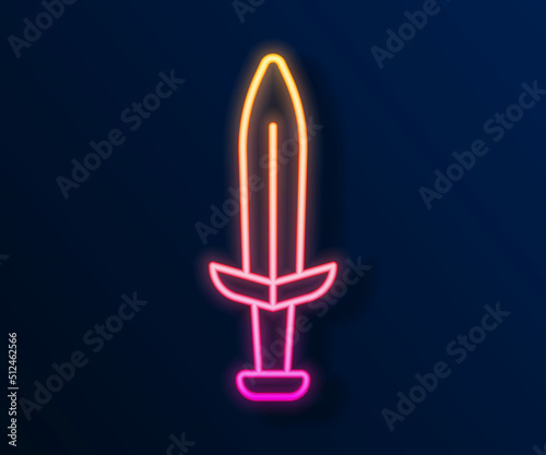 Glowing neon line Medieval sword icon isolated on black background. Medieval weapon. Vector