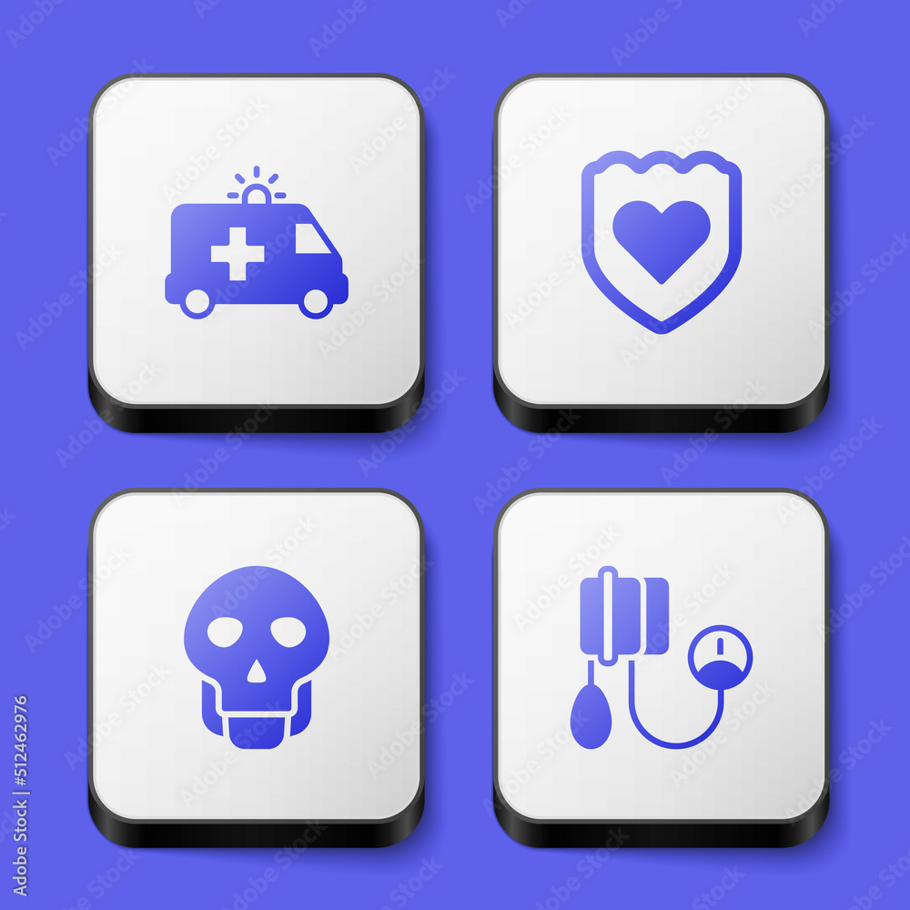 Set Ambulance car, Immune system, Skull and Blood pressure icon. White square button. Vector Set Ambulance car, Immune system, Skull and Blood pressure icon. White square button. Vector