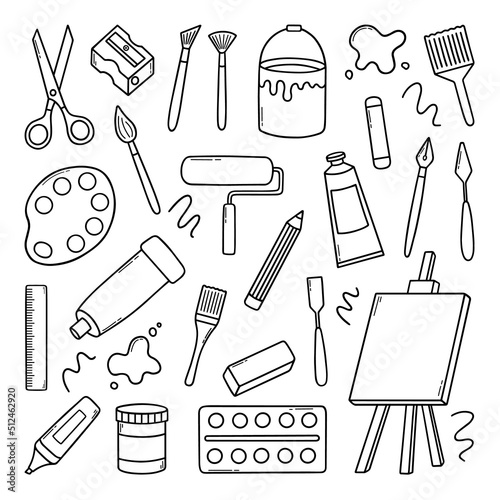 Hand drawn set of artist tools doodle. Art supplies in sketch style. Easel, brushes, paint, pencils. Vector illustration isolated on white background.