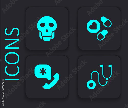 Set Stethoscope, Skull, Medicine pill or tablet and Emergency call 911 icon. Black square button. Vector