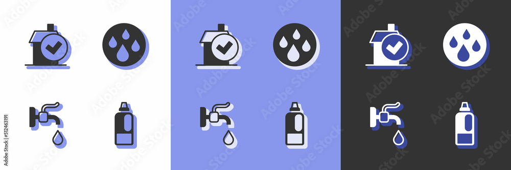 Set Bottle for detergent, Home cleaning service, Water tap and drop icon. Vector Set Bottle for detergent, Home cleaning service, Water tap and drop icon. Vector