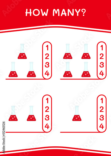 How many of Chemistry flask, game for children. Vector illustration, printable worksheet